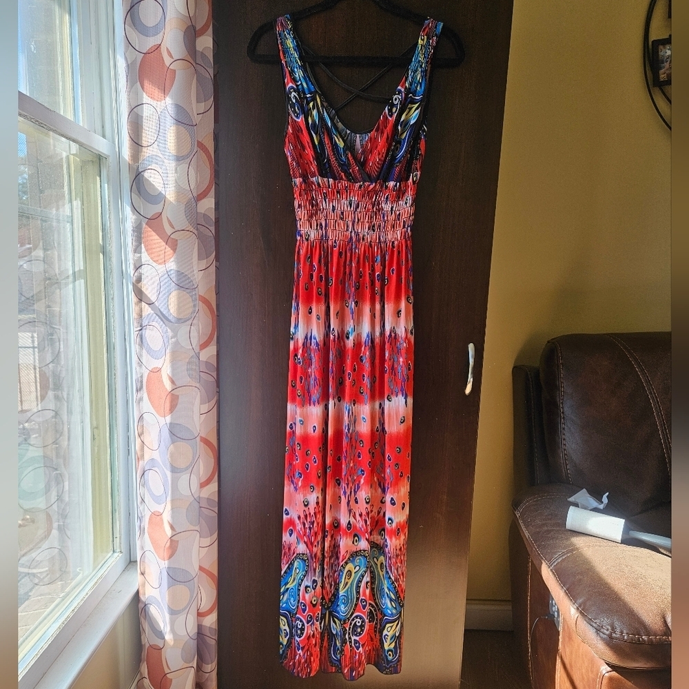Elegant Red and Blue Silk Maxi Dress